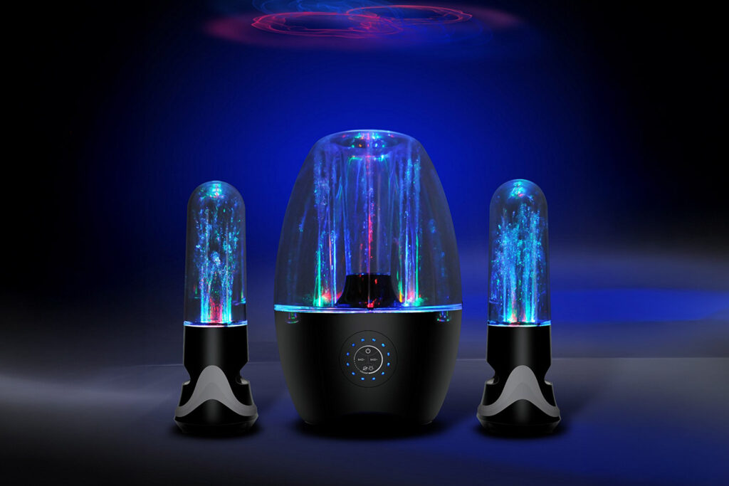 photo of blue dancing water speakers