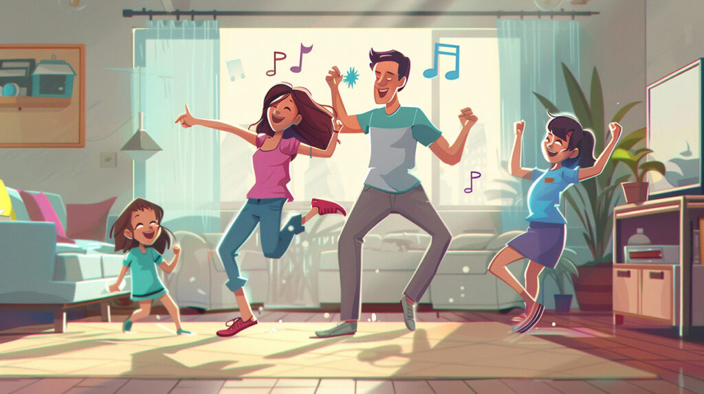 cartoon illustration of a family dancing to Amazon Music
