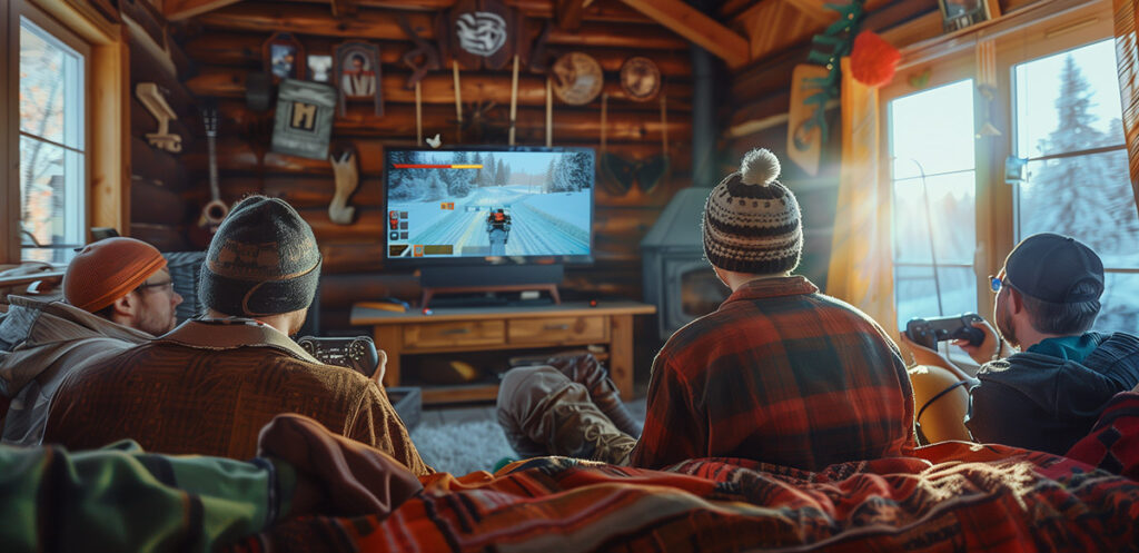 photo of a group of friends playing video games in a remote log cabin