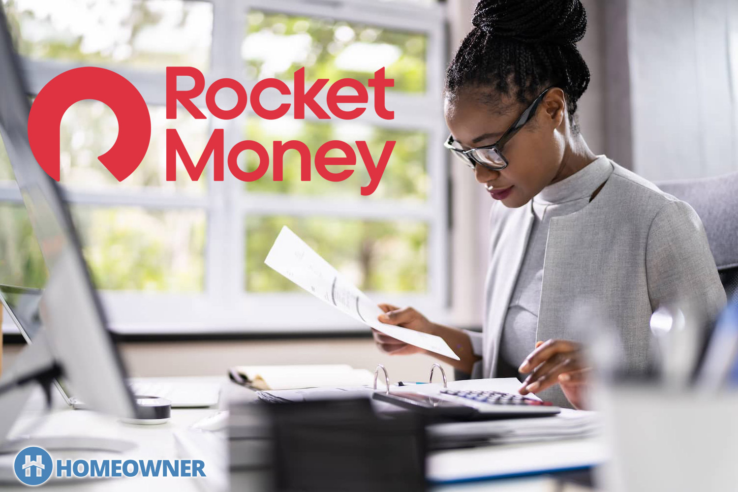 a promotional image for Rocket Money showing a woman using the app