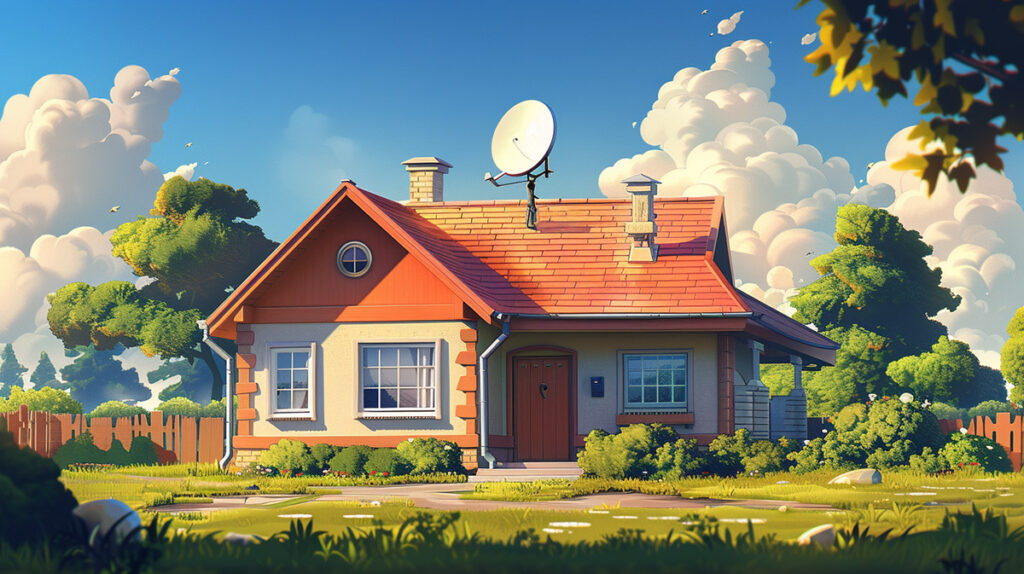 illustration of a home with a fixed wireless internet dish on the roof