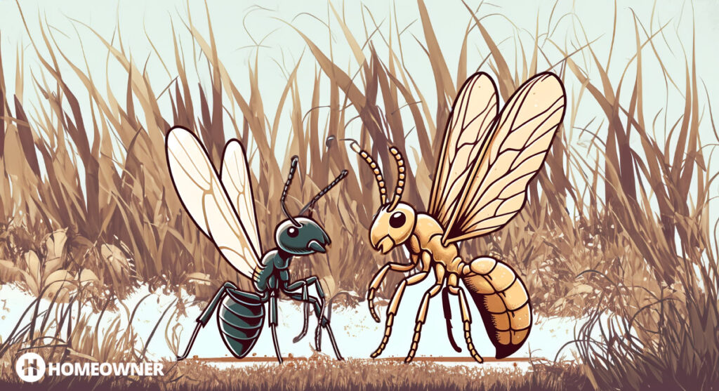 illustration depicting a flying ant and a termite with wings