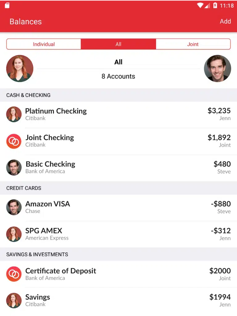 screenshot of personal bank balances in the Honeydue app