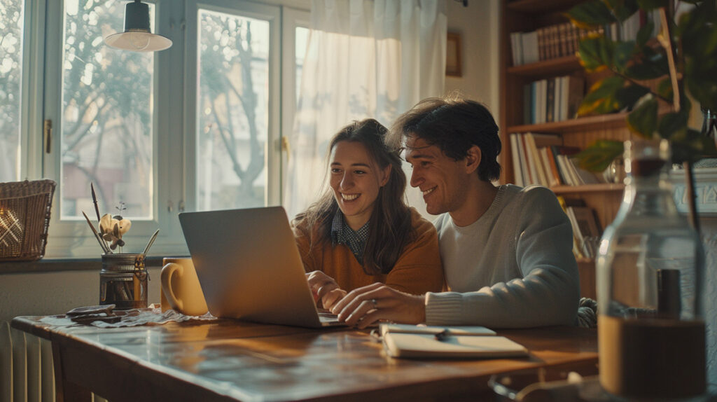 photo of a happy couple budgeting together with the Honeydue app