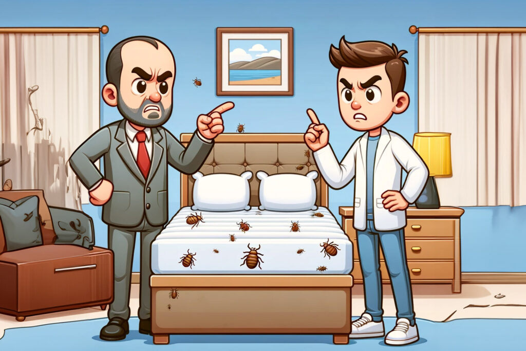 cartoon illustration of a landlord and tenant arguing over bed bugs