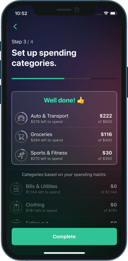 screenshot of setting up categories on PocketGuard