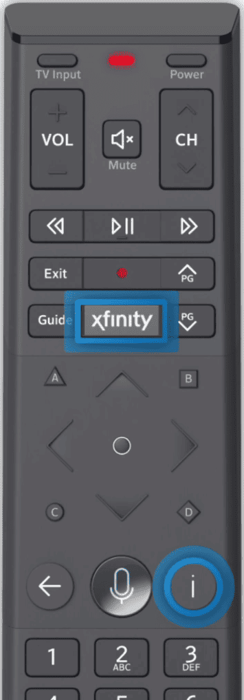 Press and hold the Xfinity button and Info (i) button