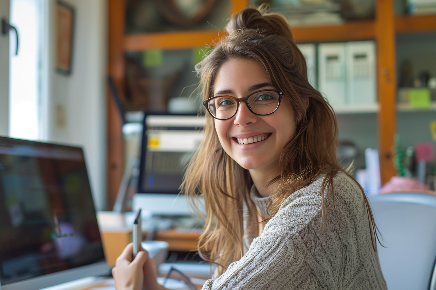 photo of a woman at her desk feeling happy about the Albert app