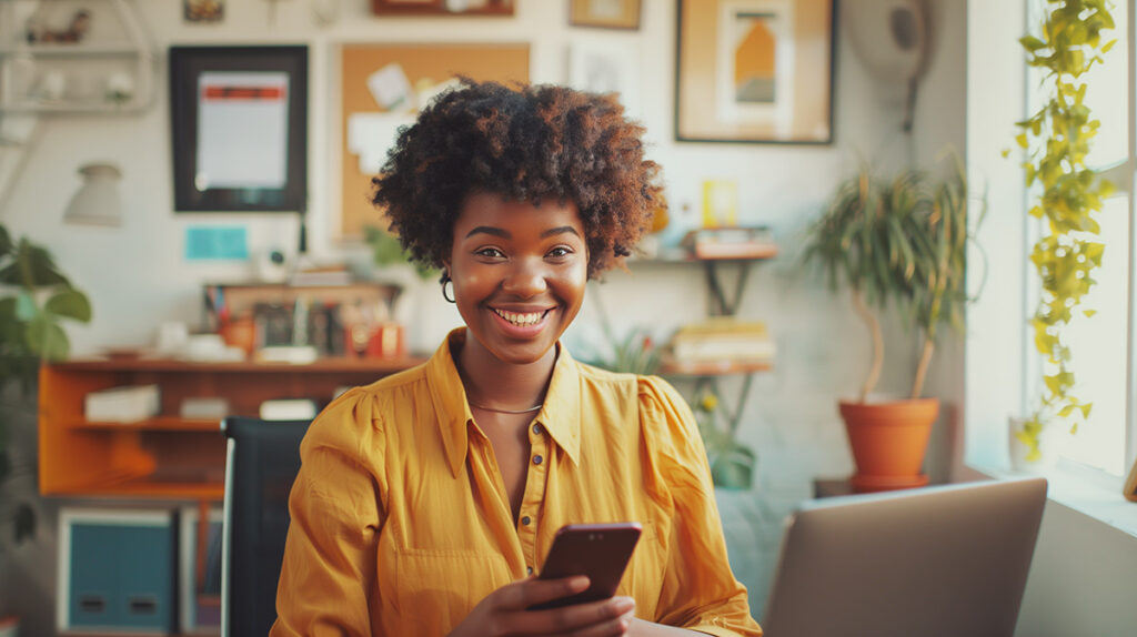 photo of a smiling woman using a cash advance app