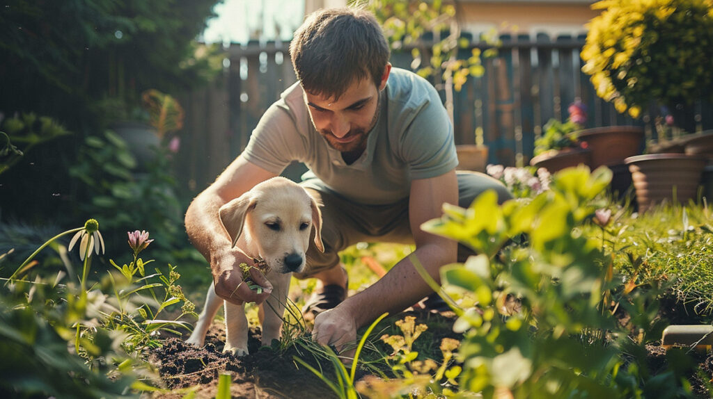 photo of a man gardening in the yard with his dog