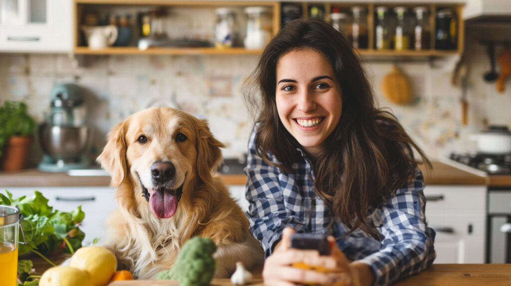 photo of a woman and her dog smiling in the kitchen
