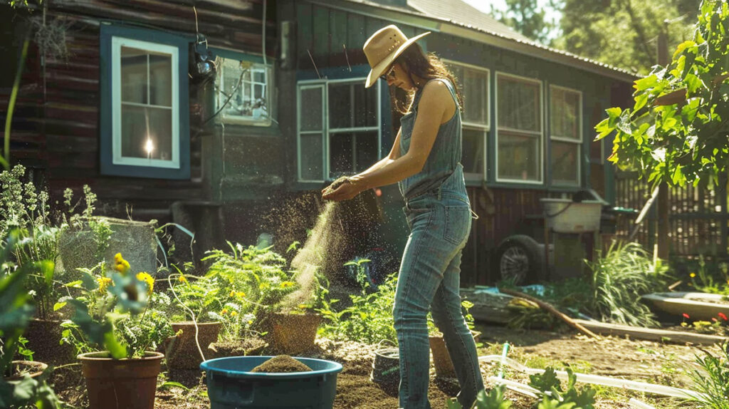 photo of a woman applying diatomaceous earth in her yard