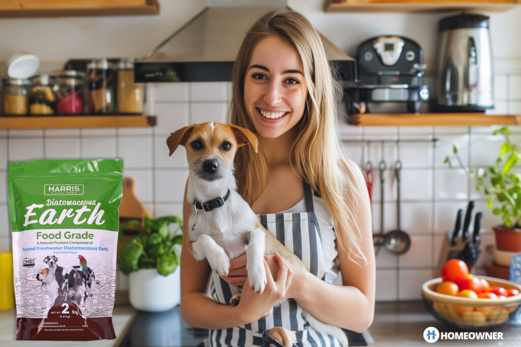 photo of a woman and her dog in the kitchen next to a bag of diatomaceous earth