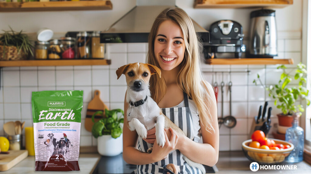 photo of a woman and her dog in the kitchen next to a bag of diatomaceous earth