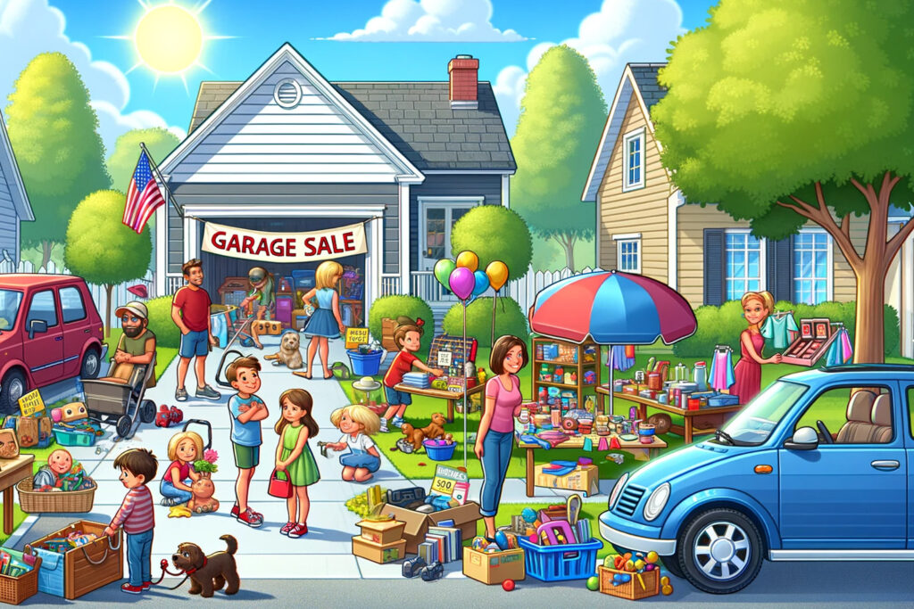 cartoon illustration of a garage sale at a home
