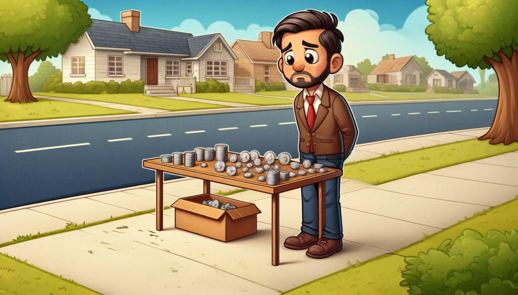 illustration of a man selling his coin collection at a garage sale