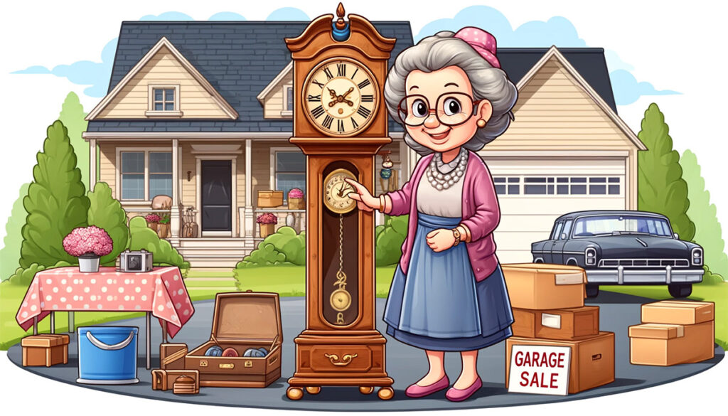 illustration of a woman selling a family heirloom at a garage sale