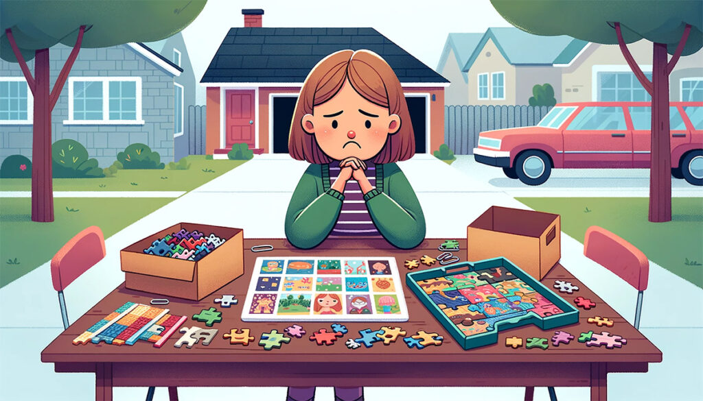 illustration of a woman trying to sell old puzzles at a garage sale