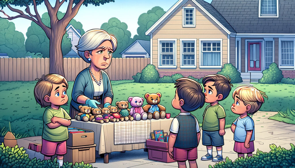 illustration of woman selling dirty stuffed animals at a garage sale