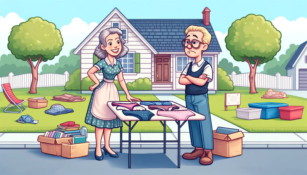 illustration of woman wrongfully selling underwear at a garage sale