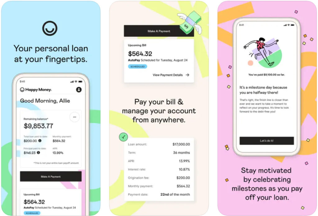 screenshots of the Happy Money app