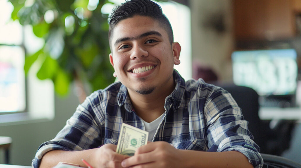 photo of a man holding a cash advance from Klover