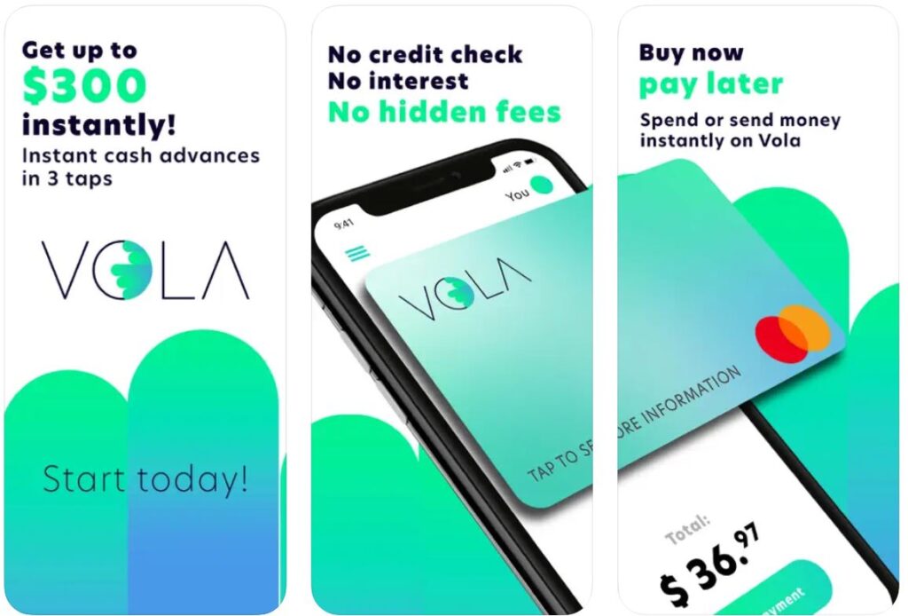 screenshots of the Vola app