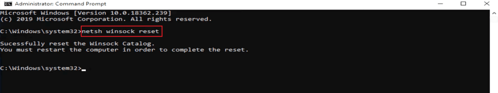 Command netsh winsock reset