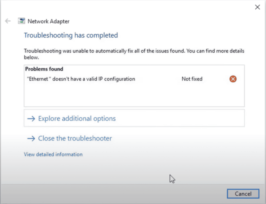 Ethernet Doesn't Have Valid IP Configuration