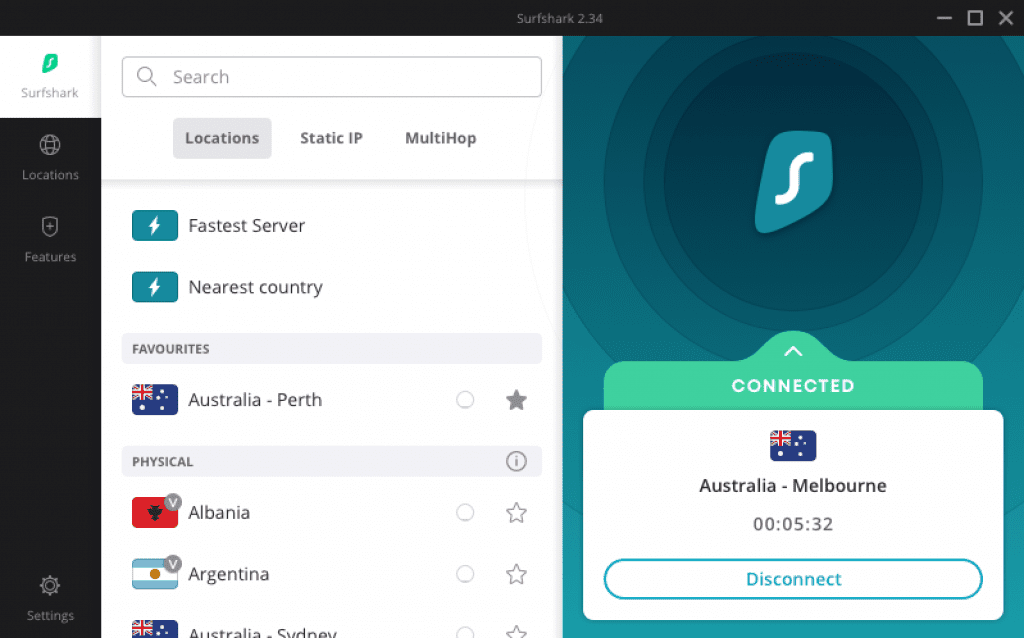 Surfshark VPN interface