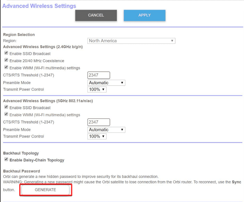 Tap the Generate button to create a new backhaul password