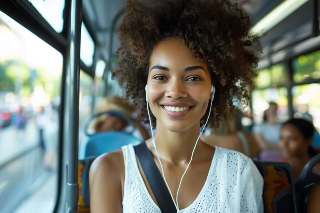 photo of a woman listening to an audiobook from Audible