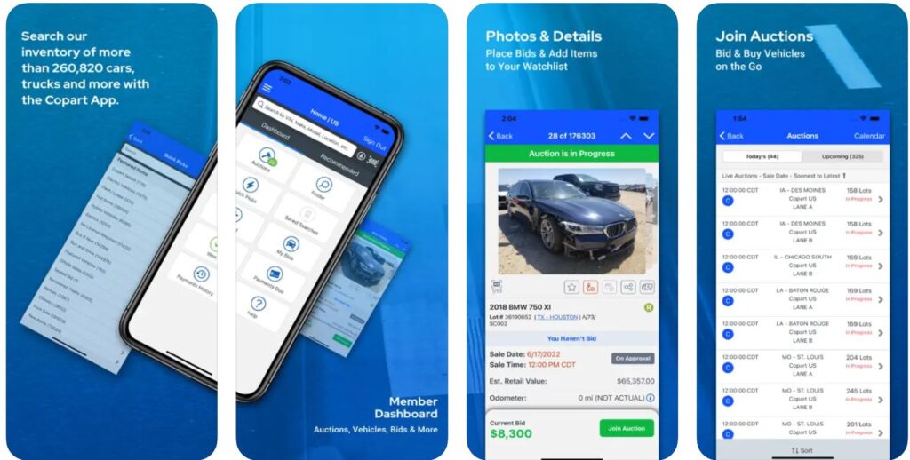 screenshots of the Copart mobile app