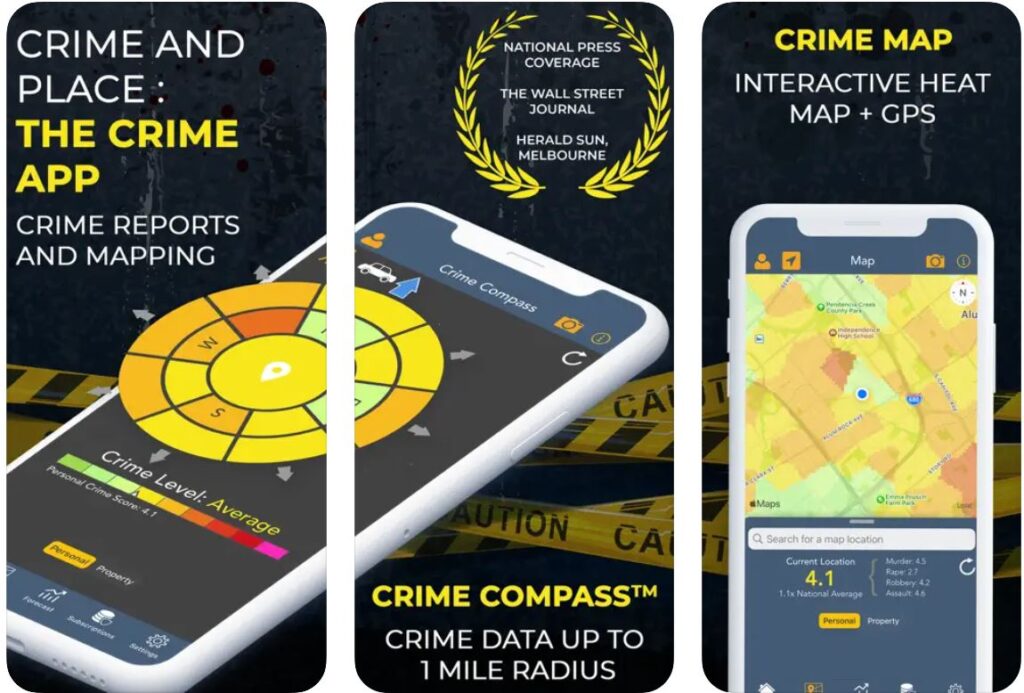 screenshots of the Crime and Place app