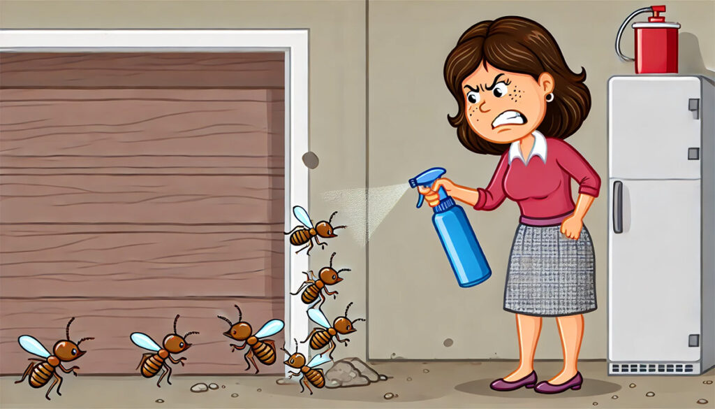 cartoon illustration of a woman spraying termites with poison