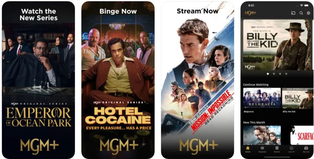 screenshots of the MGM+ mobile app