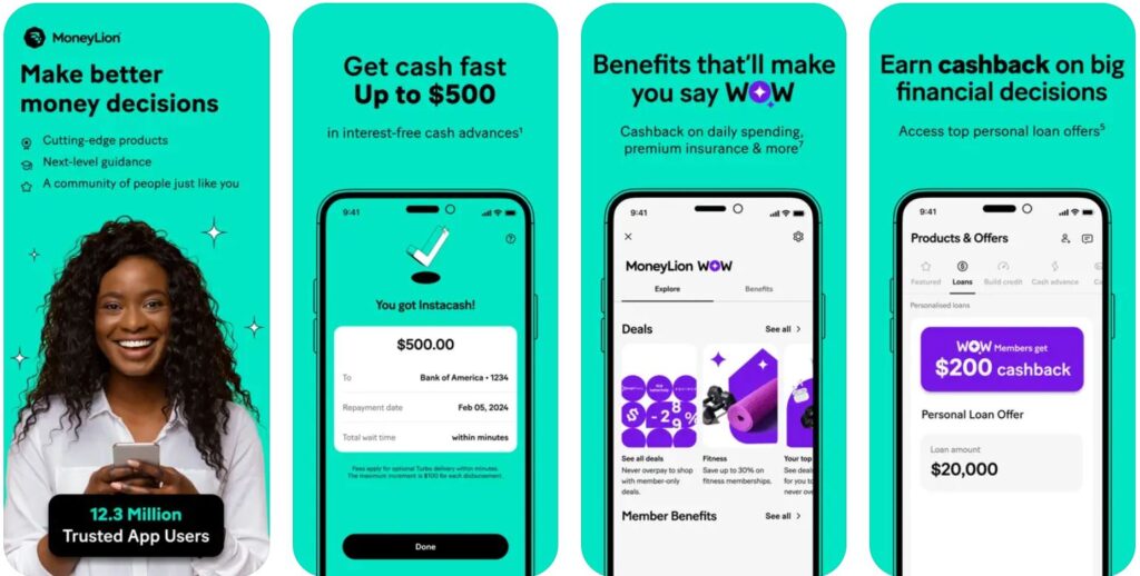 screenshots of the MoneyLion app