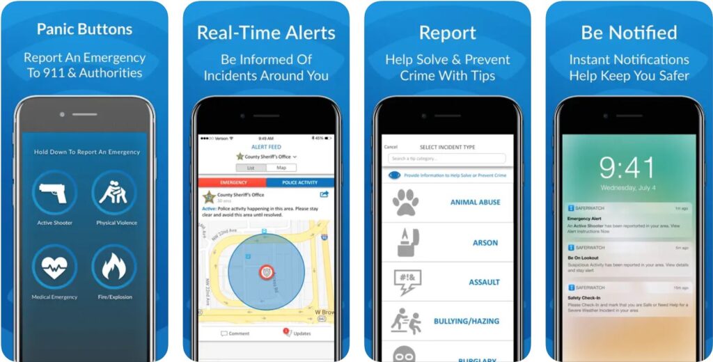 screenshots of the SaferWatch app