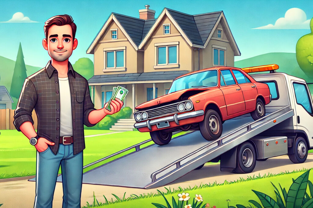 Illustration of a man selling his junk car for cash