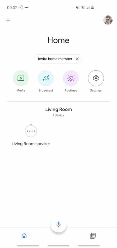 Screenshot of Google Home app homepage