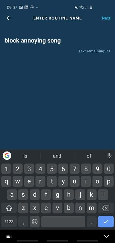 Screenshot of Amazon Alexa app 'enter routine name'