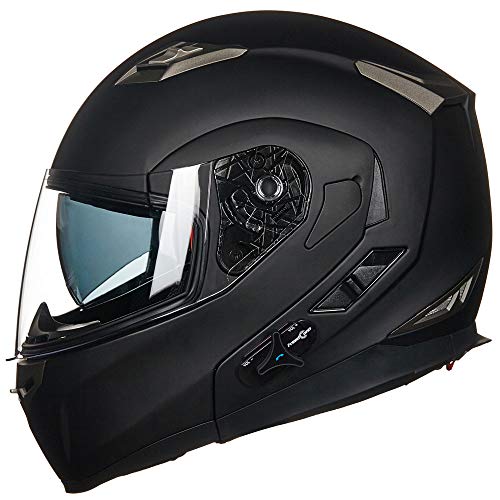 ILM Bluetooth Integrated Modular Flip up Full Face Motorcycle Helmet Sun Shield Mp3 Intercom Model 953 (M, Matte Black)