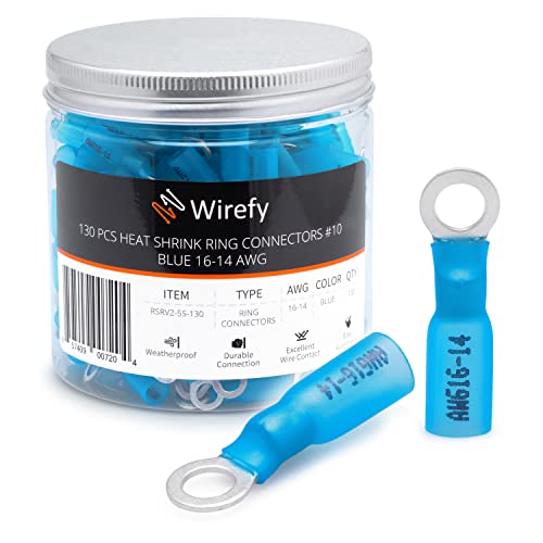 Wirefy Heat Shrink Ring Terminals #10 - Marine Grade Terminal Connectors - Waterproof Eyelet Wire Connectors - Red 16-14 AWG - 130 PCS