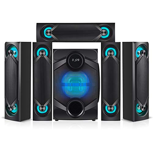 Nyne NHT5.1RGB 5.1 Channel Surround Sound Home Audio Theater System – for TV, Bluetooth, LED, USB, SD, RCA Out in, 8 Inch Active Subwoofer, 6 Inch Passive Radiator, Soundbar, Cinema Acoustics