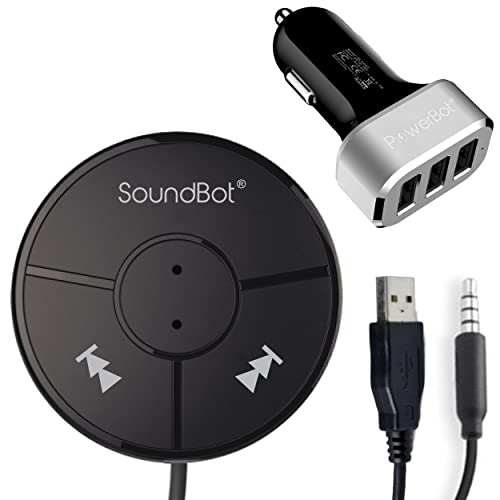 SoundBot SB360 Bluetooth Car Kit Wireless Universal Receiver Transmitter Hands-Free Talking & Music Streaming Dongle w/ 10W Dual Port 2.1A USB Charger + Magnetic Mounts + Built-in 3.5mm Aux Cable