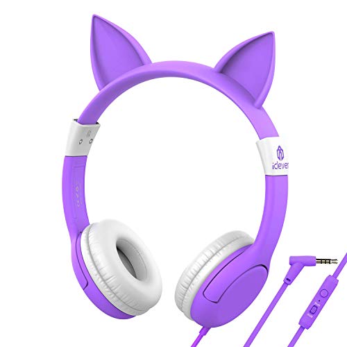 iClever HS01 Food Grade Kids Headphones with Microphone, 85/94dB Volume Control, Hello Kitty Cat Ear Headphones for Kids Boys Girls, Childrens Headphones for Online School/Travel/Tablet, Purple