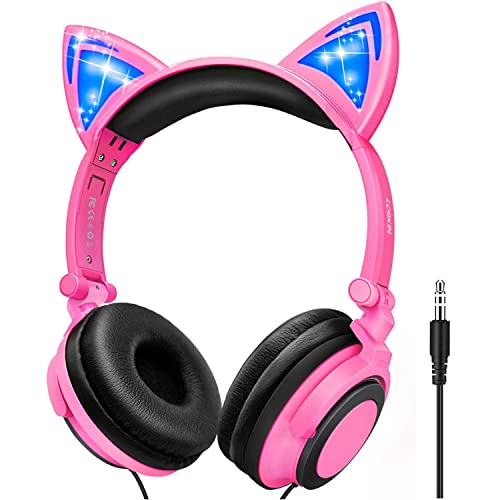 LOBKIN Kids Headphones with LED Light Up Cat Ears, Kids Headphones Wired with 85dB Volume Limited for Boys Girls,3.5mm Foldable On-Ear Headset (Pink 2)