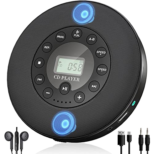 Lukasa Portable Bluetooth CD Player Built-in Speaker Stereo, Personal Walkman MP3 Players 2000mAh Rechargeable Compact Car Disc CD Music Player USB Play Anti-Shock Protection (Black)