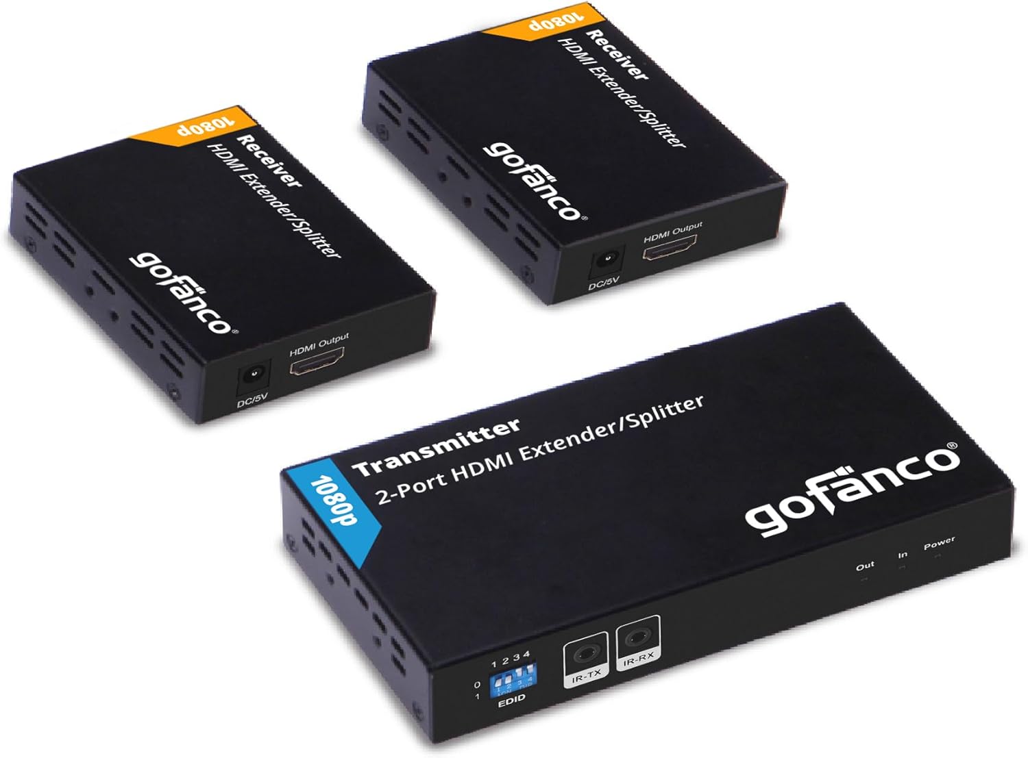 gofanco 1080p 1x2 HDMI Extender Splitter over CAT5e/6/7 Ethernet Cable - 1080p, Up to 50m/165ft, HDMI Loopout, EDID Management, Bi-Directional IR Control, 1 in 2 Out