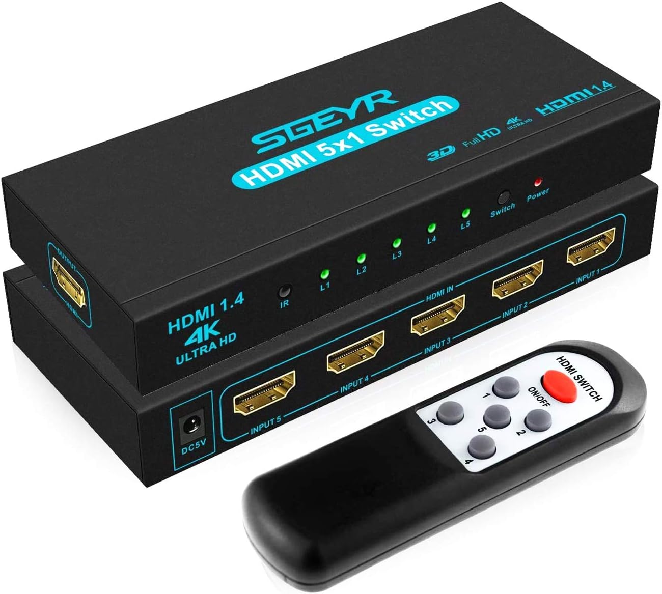 HDMI Switch SGEYR 5x1 HDMI Switcher 5 in 1 Out HDMI Switch Selector 5 Port Box with IR Remote Control HDMI 1.4 HDCP 1.4 Support 4K@30Hz Ultra HD 3D 2160P 1080P